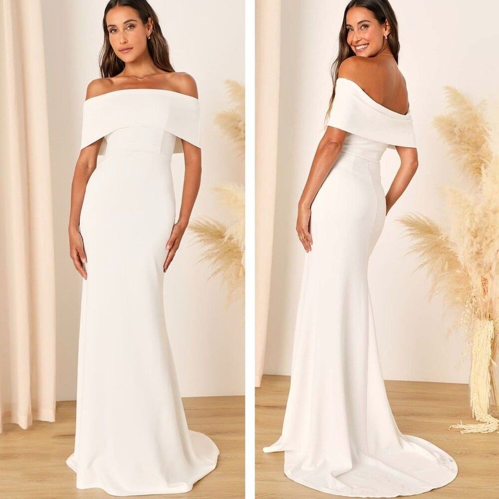 Lulus Exceptional Romance White Off-the-Shoulder Mermaid Maxi Dress Size Medium